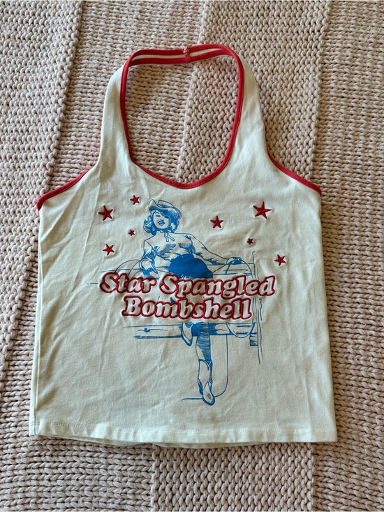 Special thanks Tops - Special thanks star spangled banner embroidered retro cowgirl graphic halter top